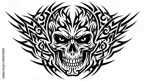 Black tribal skull with wings tattoo style graphic design.