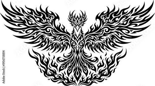 Black Symmetrical Tribal Phoenix Tattoo Design with Wings.