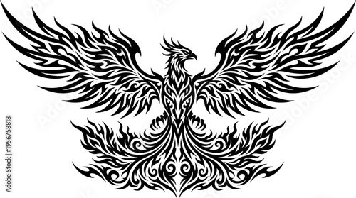 Black tribal phoenix tattoo silhouette with ornate flared wings and flame motif.