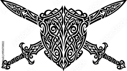 Ornate Tribal Skull with Crossed Swords Decorative Emblem Artwork.