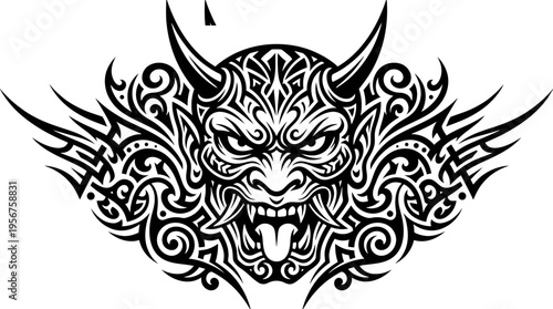 Intricate tribal demon mask tattoo design with horns.