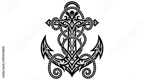 Ornate Tribal Anchor and Cross Tattoo Design.
