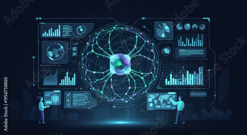Futuristic digital interface displaying complex data visualizations and a glowing neural network sphere, with two figures interacting with the system.