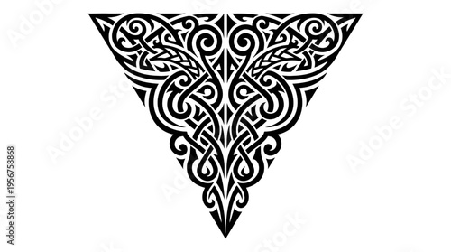 Intricate triangular Celtic knotwork tribal tattoo design in black silhouette.