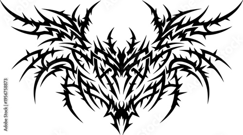 Black symmetrical tribal tattoo design with spiky ornamental motifs.
