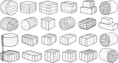Set of Hand-Drawn Hay Bales and Straw Bales Line Art Icons. Collection of Round and Rectangular Farm Bales, Stacked and Isolated on White Background for Agriculture Theme.