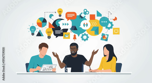 A diverse team of three people brainstorming and collaborating with a cloud of creative and business icons above their heads.