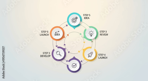 A circular infographic illustrating a six-step business process or development cycle with icons and text labels on a light background.