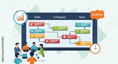 Team collaborating on project management using a Kanban board with workflow stages, progress tracking, and feedback.