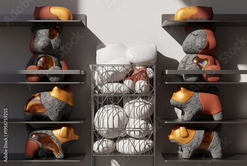 Companion and  art toys displayed with dog sculptures on wall shelves