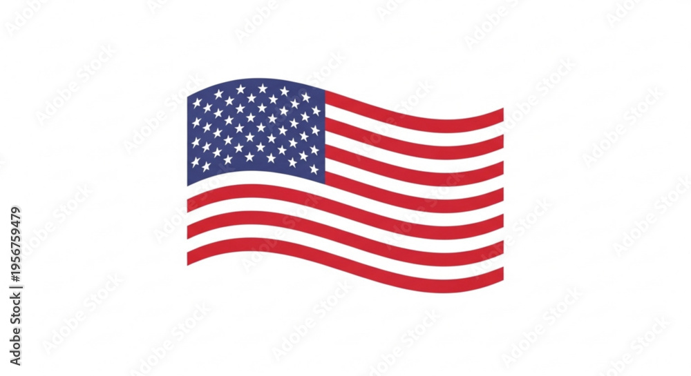 Fototapeta premium American flag waving with red and white stripes and blue field of white stars on solid white background