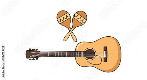 Acoustic guitar and maracas on white background for music concept