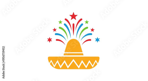 Vibrant yellow sombrero with colorful fireworks and stars on white background festive mexican celebration icon