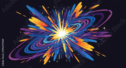 Vibrant colorful explosion of light and energy with swirling blue purple orange and yellow brushstrokes on a dark background conveying dynamic movement and power