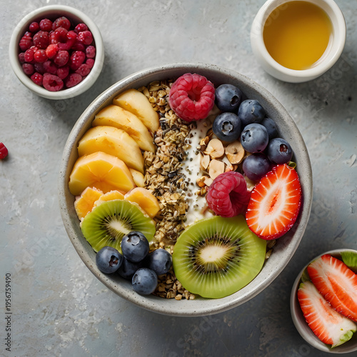 Smoothie bowl fruits chia pudding and green tea form a clean modern healthy breakfast spread