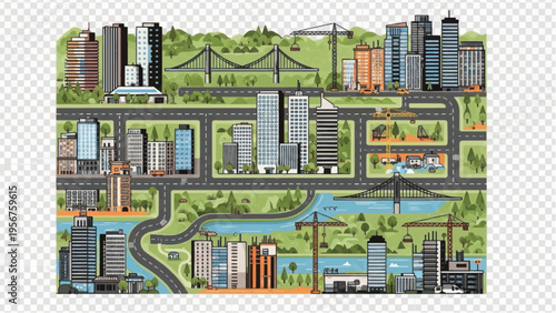 Detailed Hand-Drawn Urban Map Illustration: Cityscape Layout with Skyscrapers, Infrastructure, and Roads.