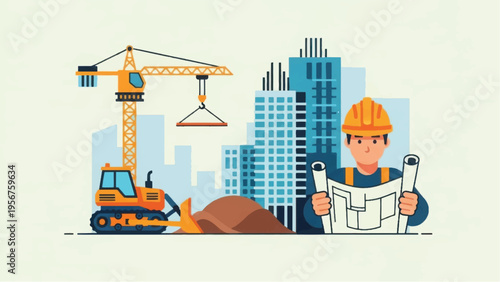 Construction Site Development Vector. Engineer with Blueprint, Crane, Bulldozer, and City Skyline Background.