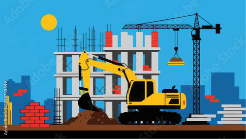 Flat Design Illustration of Construction Site with Excavator, Tower Crane, and Unfinished Building. Urban Development and Infrastructure Project Concept.