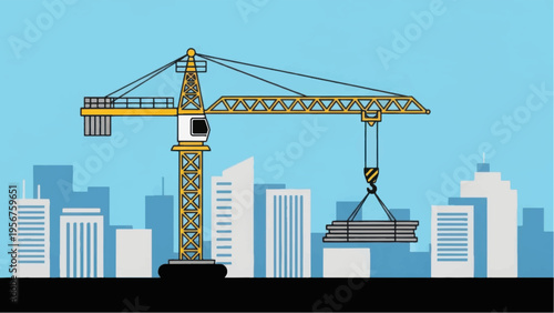 Construction Tower Crane Lifting Steel Beams in Modern City Skyline Illustration