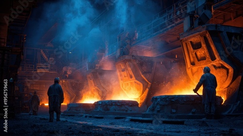 foundry workers casting massive steel parts for industrial on blurred background