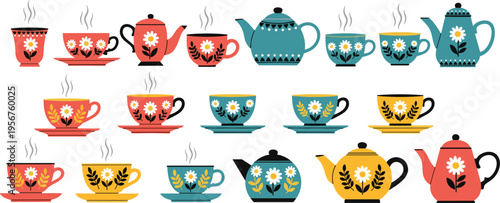 Colorful Teapot and Tea Cup Vector Set with Floral Patterned Kettles Saucer Cups and Hot Beverage Icons for Kitchen Drinkware Illustration Collection Design