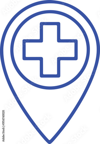 A blue outline icon of a map location pin featuring a medical cross symbol inside a circular area isolated on transparent background, isolated on white background, Vector