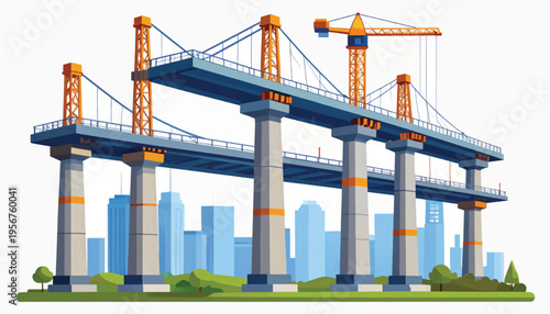 City Bridge Construction Project. Civil Engineering and Infrastructure Development Illustration with Crane and Urban Skyline.
