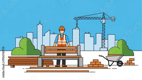 Construction Worker Building Wooden Park Bench in Urban Cityscape. Infrastructure Development and Public Space Installation. Sketch Illustration.