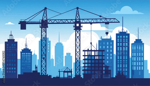 Cityscape Construction Site Silhouette: Tower Cranes Building High-Rise Skyscraper. Urban Development and Engineering Vector Illustration in Blue.