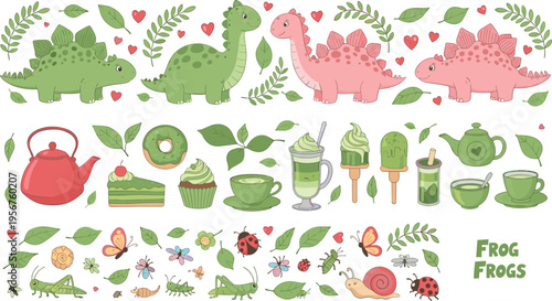 Cute Dinosaur Frog Insect and Matcha Tea Dessert Vector Set with Cartoon Stegosaurus Bugs Snails Cupcakes Drinks and Leaves for Kids Nature Illustration Collection