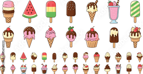 Colorful Ice Cream Dessert Vector Set with Popsicles Waffle Cones Sundaes Milkshake Glass and Chocolate Strawberry Toppings for Summer Sweet Food Illustration Collection