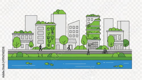 Hand-Drawn Green City Sketch. Sustainable Urban Landscape Illustration with Eco-Friendly Buildings, Vertical Gardens, Riverfront, and Active People.