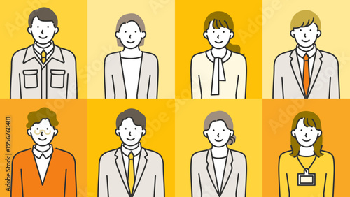 Eight person lineup of suited and business casual male and female colleagues illustrated in precise line art radiating professional confidence and approachable warmth for B2B and HR campaign visuals