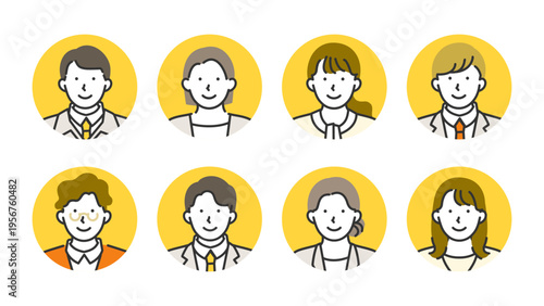Rounded character badge set capturing the energy of modern workplaces through suited executives and business casual male and female staff illustrated in clean minimal line art