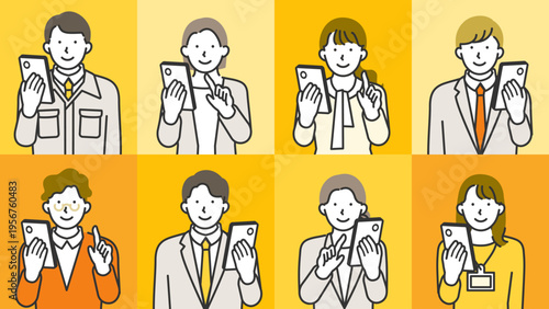 A lineup of smartphone wielding male and female office workers in suits and business casual attire illustrated in upbeat line art purpose built for fintech enterprise app and workplace tool promotion