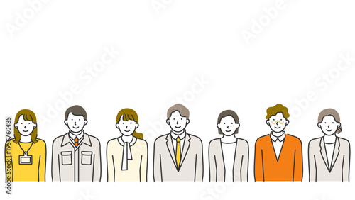 10:08Widescreen line art banner with blank upper zone featuring suited and business casual male and female professionals standing together and radiating collegial warmth and quiet confidence.