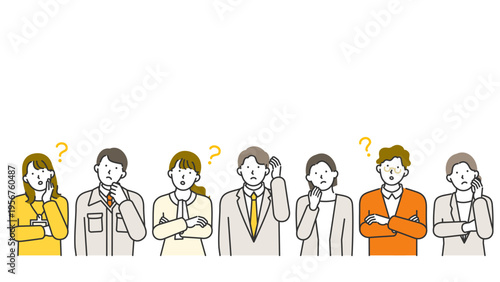 Widescreen line art banner with a wide open upper field above a row of suited and business casual male and female workers whose faces convey genuine puzzlement hesitation and quiet inner conflict