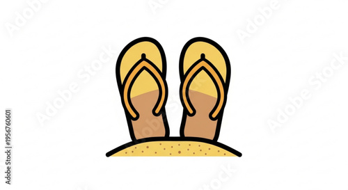 A pair of yellow flip flops standing on sandy beach in summertime with white background
