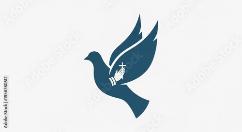 Dark blue dove in flight with olive branch and cross symbol on white background representing peace and spirituality