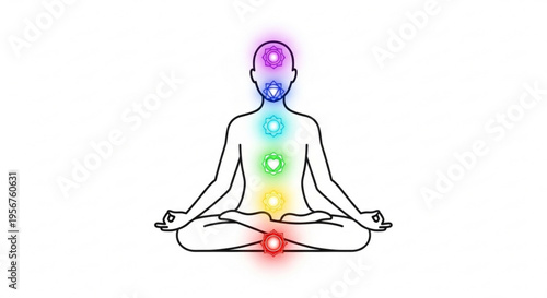 Person meditating with colorful chakra symbols on body representing spiritual balance and harmony