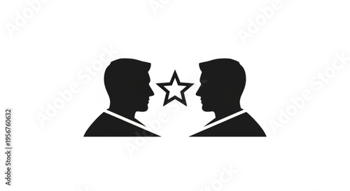 Two men facing each other with star between heads symbolizing agreement partnership or mutual respect in a simple black and white graphic design