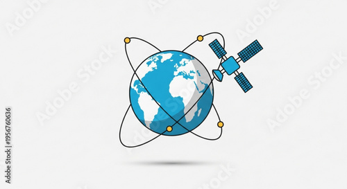 Satellite orbits earth with trajectory lines and solar panels in space