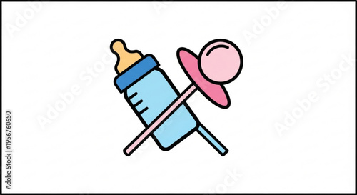 Baby bottle and pacifier crossed out in colorful illustration for weaning or no smoking concept