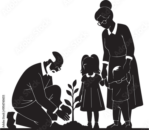 A heartwarming silhouette depicts grandparents teaching their grandchildren about nature by planting a young tree together, symbolizing growth and family bonds.