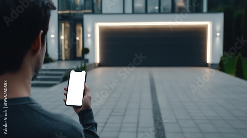 Man using smartphone for remote control in front of modern smart home with illuminated garage door, home automation, wireless technology, security, futuristic house exterior