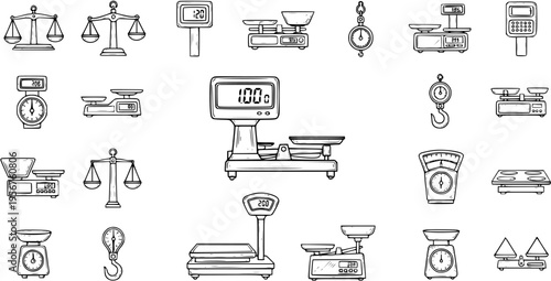 Hand-drawn set of various weighing scales and balances, including digital, analog, mechanical, spring, and platform types, for measurement concepts