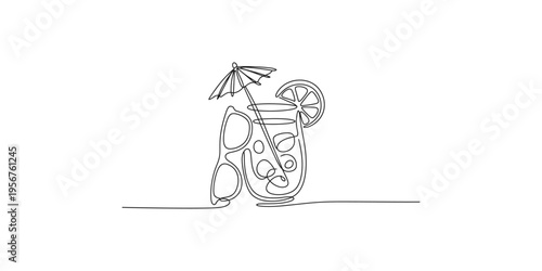 Continuous line drawing of a glass of lemonade with umbrella and citrus slice single illustration