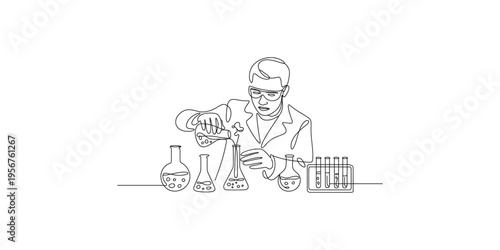 Scientist in lab coat working with various laboratory equipment and glassware test tubes beakers flasks