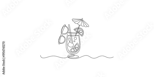 Continuous line drawing of a cocktail glass with umbrella and straw on the beach summer