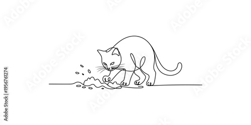 Continuous line drawing of a cat playing with crumpled paper on the floor one art
